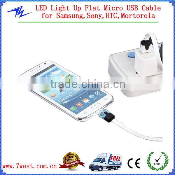 Universal LED Light Up Flat Micro USB Cable Cord with Flat Tangle Free for Smartphones and Tablets