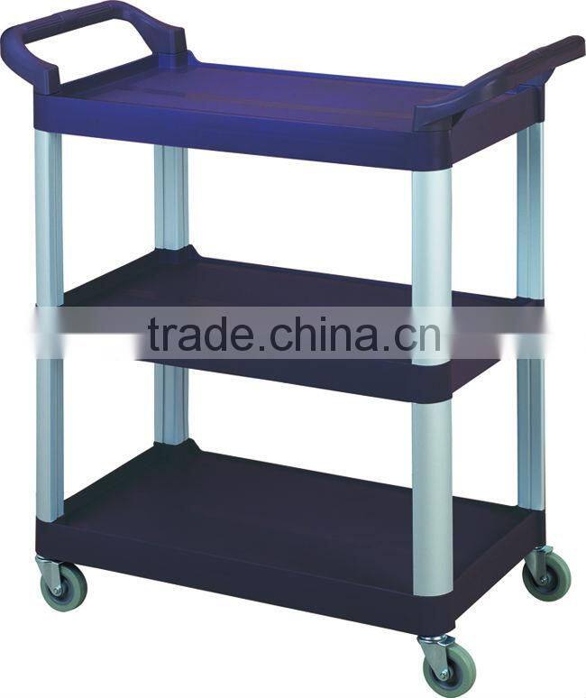 Small Size Plastic 3-tier Cleaning Room Food Service Collection Janitor Trolley with Cloth Bag