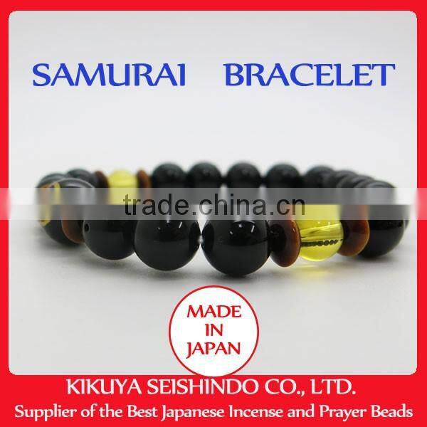 Tokugawa Ieyasu, samurai bracelet, black onyx 10 mm with citrine (yellow quarts) and tiger-eye, Japanese accessory, Japan