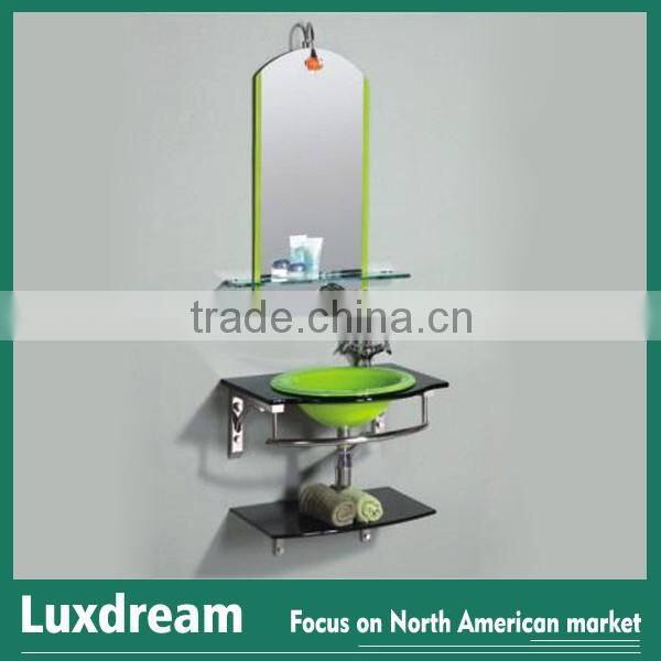 corner green tempered glass wash basin with mirror