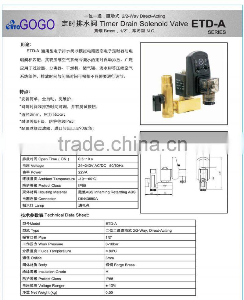 G1/2" NC 220v 2/2-way Direct-Acting Copper water solenoid valve timer