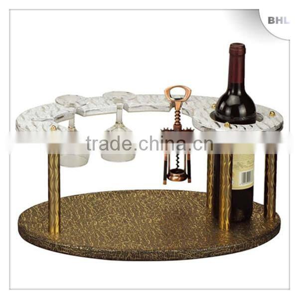 Hot Sales! Hotel Supplies Round Leather Red Wine Rack YJ-3 with 6 Glass Holder, Bottle Display Rack for Bar Counter/Guest Room