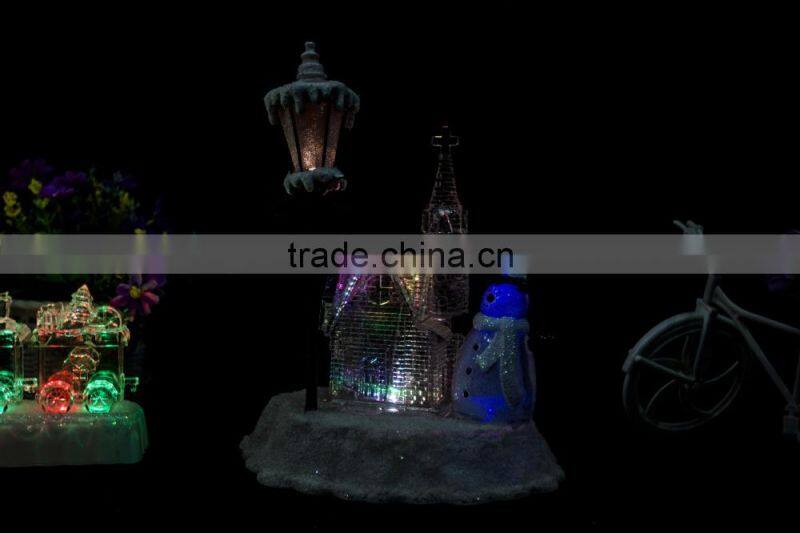 led acrylic christmas snow church with snowman and tree