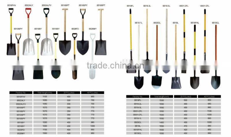 Middle east market S518L Wood handle Shovels with steel ring In Guangzhou Supplier