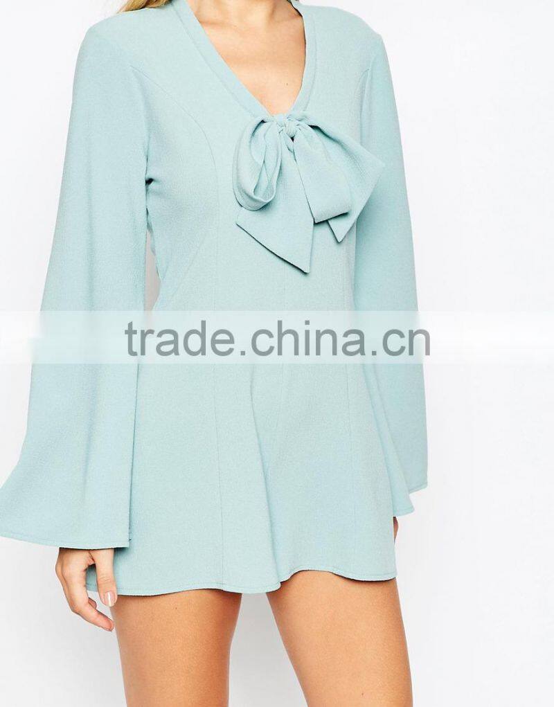 China factory OEM ODM 2015 hot sale customized Playsuit with Deep Plunge and Pussy Bow