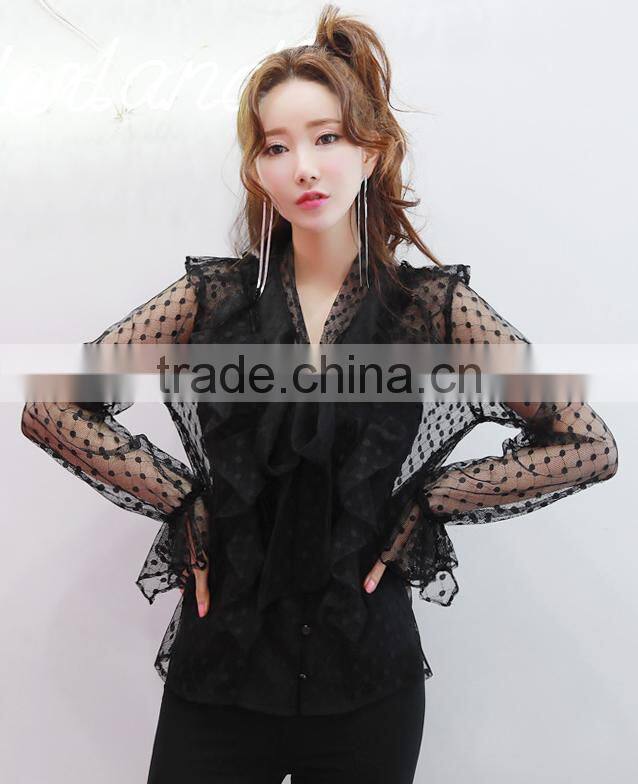 2017 Fashion Mesh Top with Long Sleeve and Ruffle