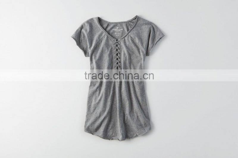 Tagless comfort lace up raglan scoop bottom women t shirt with distressed