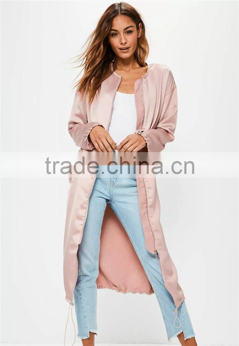MGOO 2017 New Arrival Long Sleeves Custom Silky Duster Coat Women Pink Zip Up Jackets Spring Satin Blazers