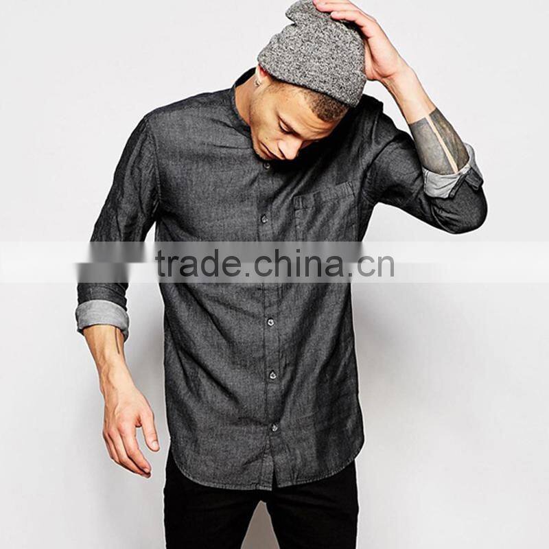 stone wash mens jean shirt with chinese collar