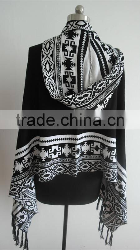 Fashion ladies jacquard knitted hoody poncho sweater