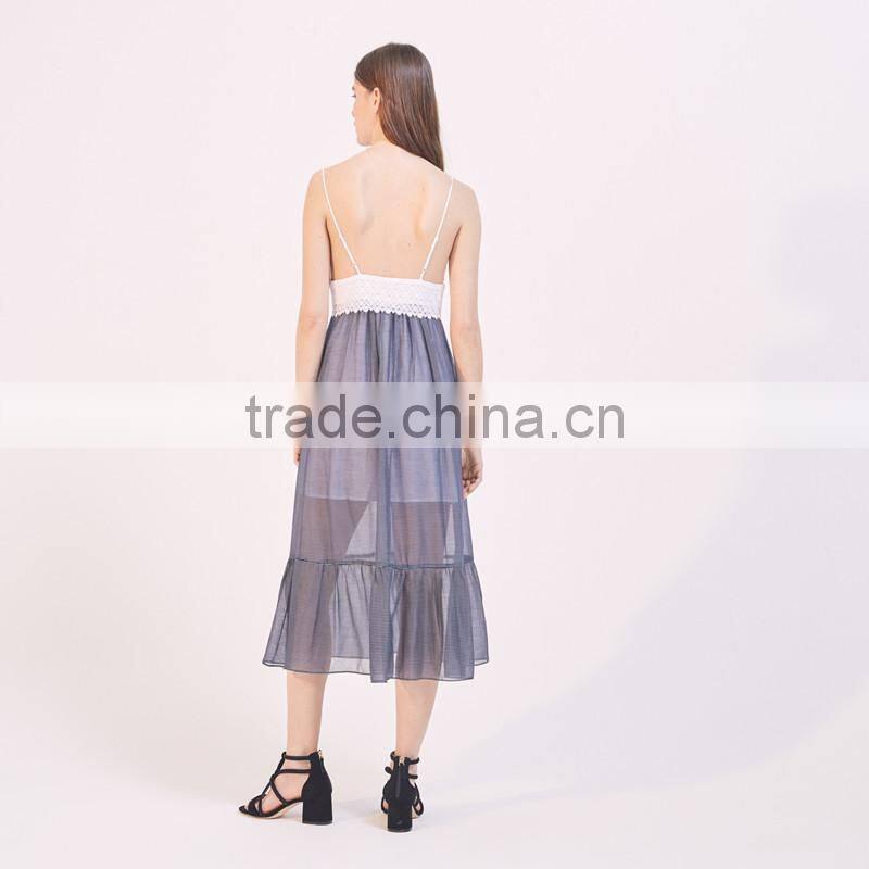 Hot style Splice sexy women deep V-neck slip and ruffled hem dress