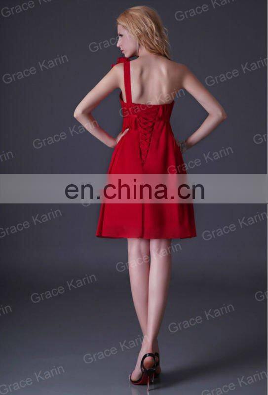 2015 Grace Karin Chiffon One Shoulder Short Red Bridesmaid Dress CL3476