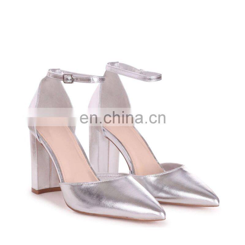 Women latest fashion silver color design high block heel ankle strap bridal sandals shoes other colors are available