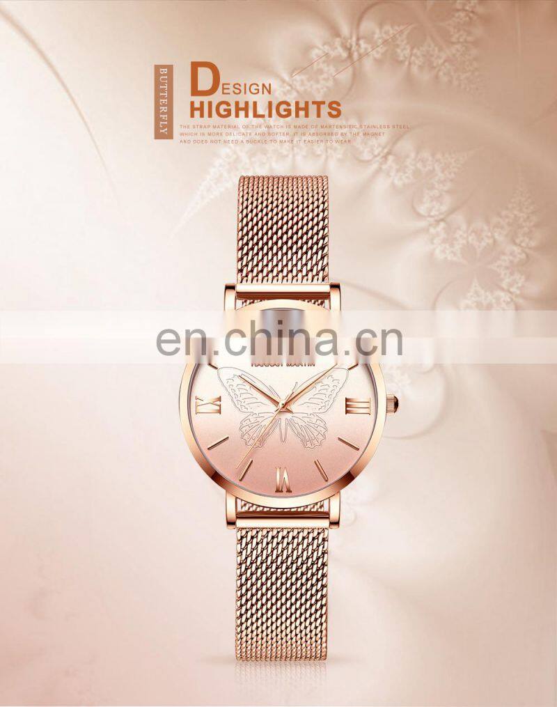 Hannah Martin 13620 Women Watch Luxury 3D Butterfly Rose Gold Mesh Strap Japanese Movement Waterproof Quartz Women Wristwatch
