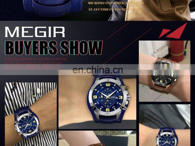MEGIR ML2099G Men Quartz Watch Top Brand Luxury Gold Chronograph Date Military Sport Leather Band Male Clock