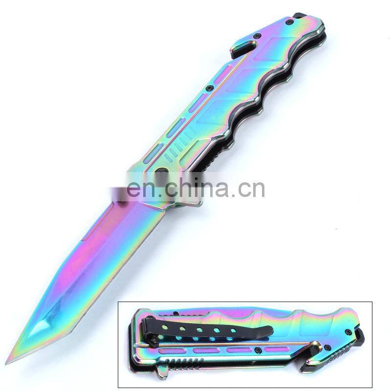 Blue peptide Handle Outdoor Survival Rescue Stainless Steel Folding Pocket Knife with Seatbelt Cutter