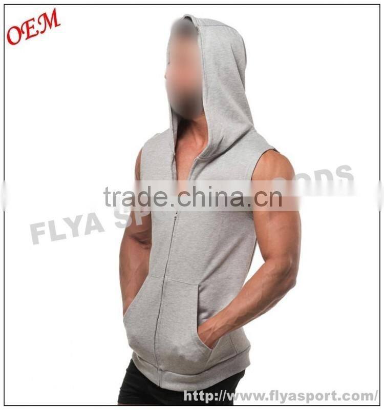 2016 Latest high quality blank sleeveless tank top pullover zipper gym singlet hoodies