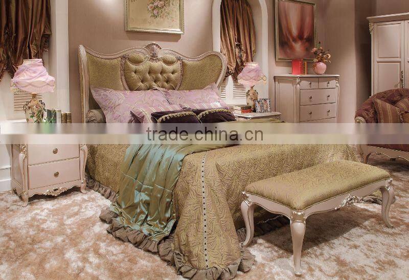 New french rococo style purple bedroom furniture set wood high back full leather bed