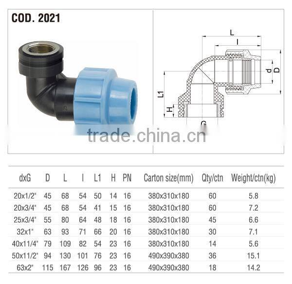 2014 90 ELBOW FEMALE WITH BRASS THREADED INSERT PP COMPRESSION FITTINGS