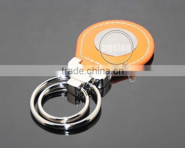 Oval Shaped Orange Leather Double Alloy Keyring Stainless Steel Sticker Metal Leather Key Fobs