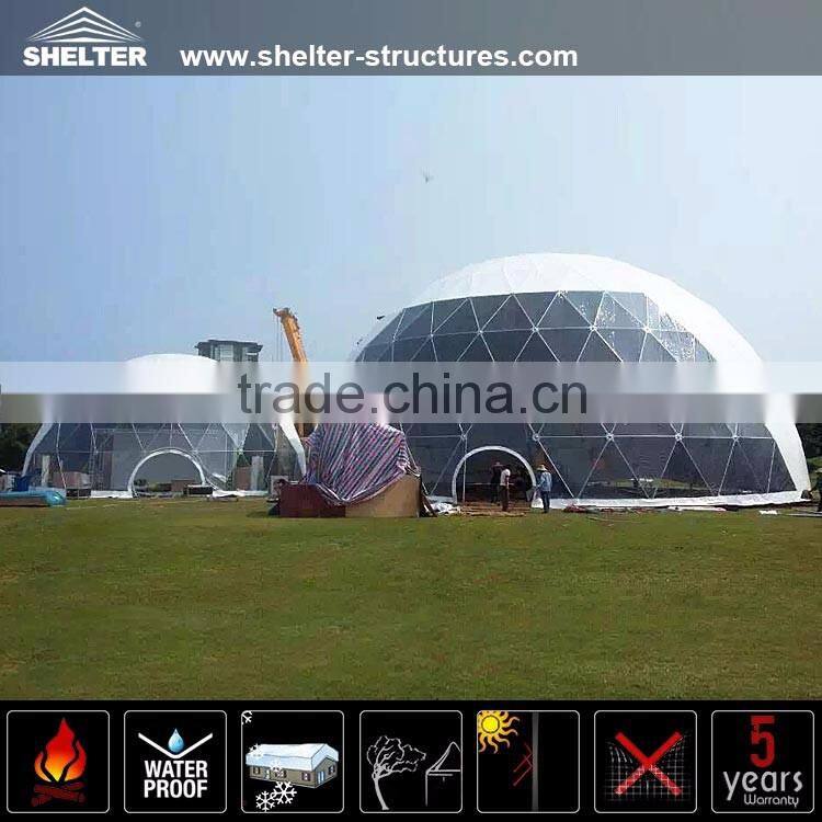 Waterproof geodesic dome for large commercial activities