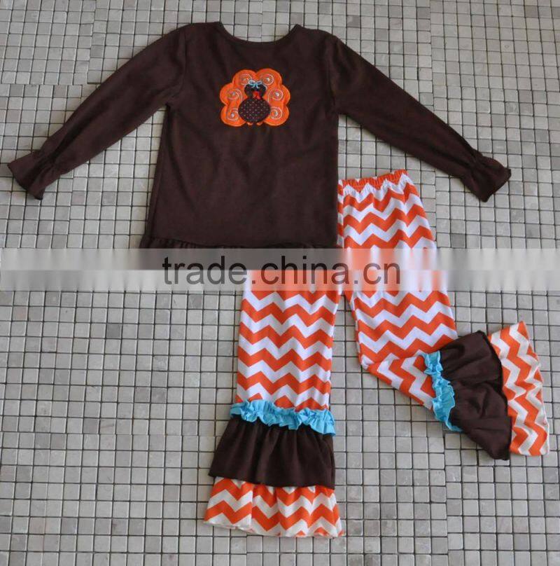 Wholesale childrens boutique clothing turkey embroidery ruffle baby girls thanksgiving outfits