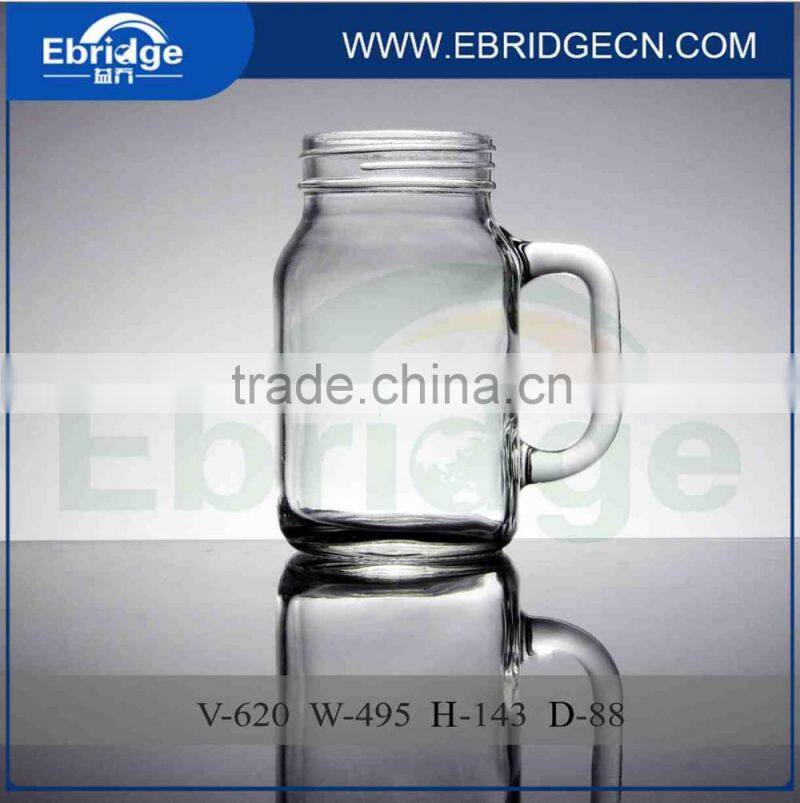 2016 new design 600ml hot sale square stock glass mason jar for drinking with handle