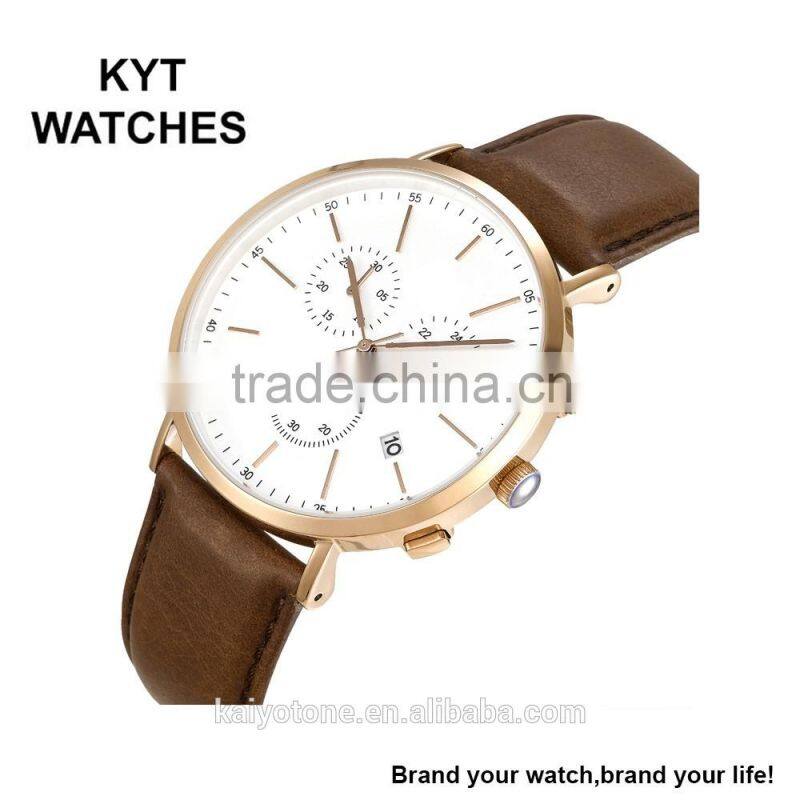 2016 KYT Japan Movt Quartz Watch Stainless Steel back 10atm Water Resistant leather band Chronograph Men Gift WristWatches