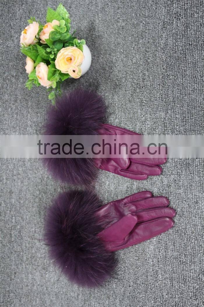 Fashion lady leather glove fur cuff glove fox leather glove hot sale