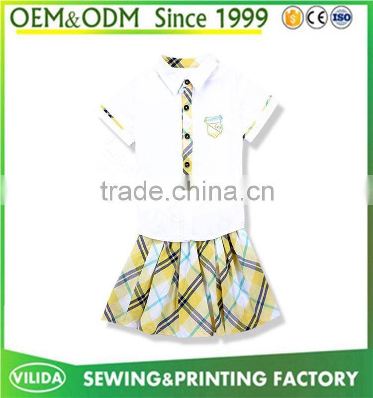 Hot selling kindergarten uniform new fashion primary school uniform white shirt and yellow checked shorts or skirt