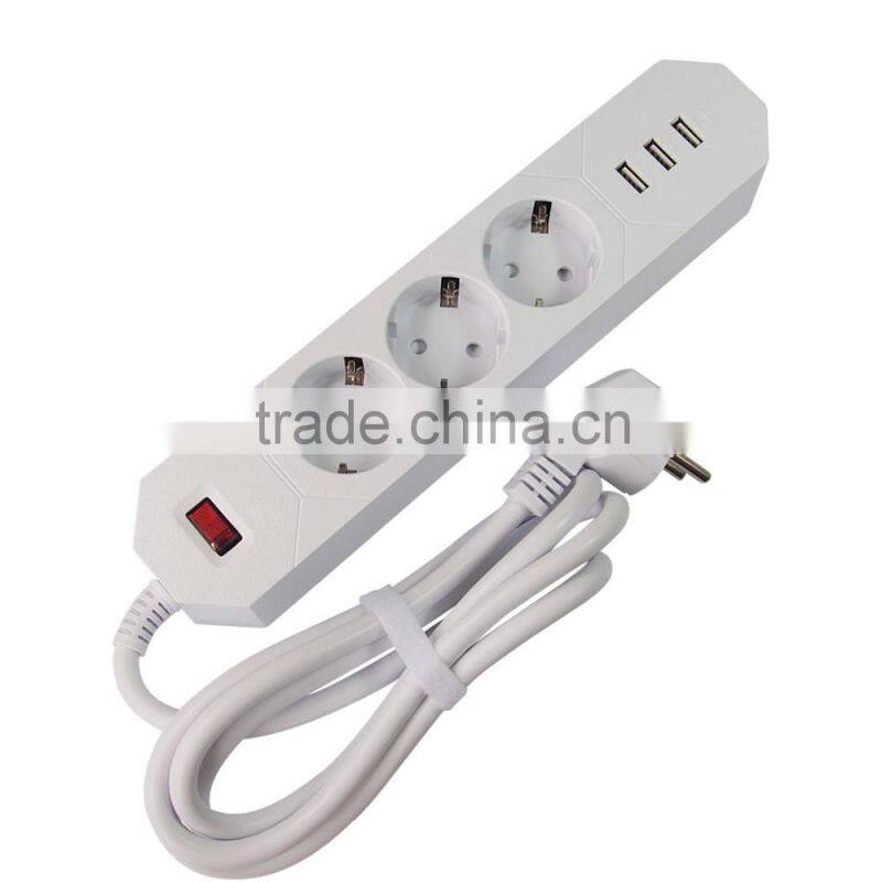 OEM/ODM EU Plug White Extension Power Strip USB Switch Socket with 3 USB Charger