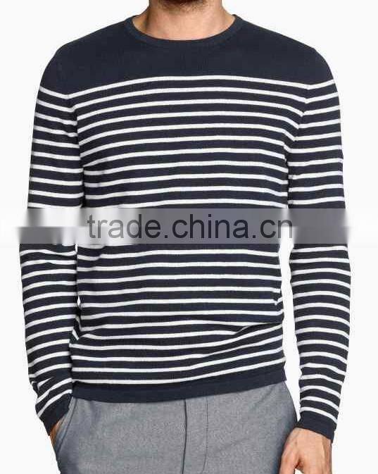men's' round neck long sleeve pullover upper part solid color and other part striped colors knitted sweater