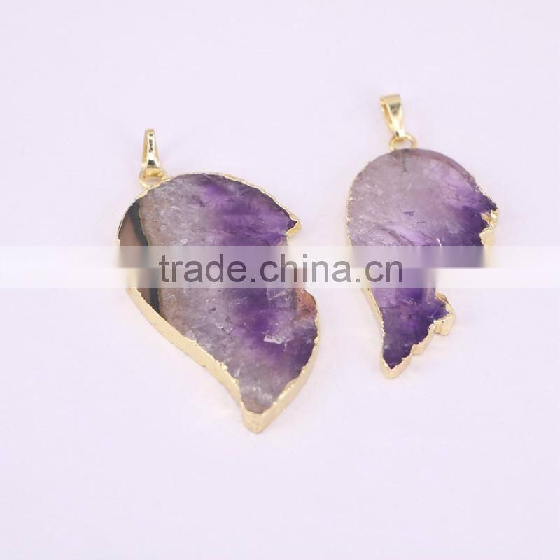 Natural Amethyst Pendant, Wings shape Gold Plated Edged Drusy Amethyst Gem stone Pendant, Druzy Pendant