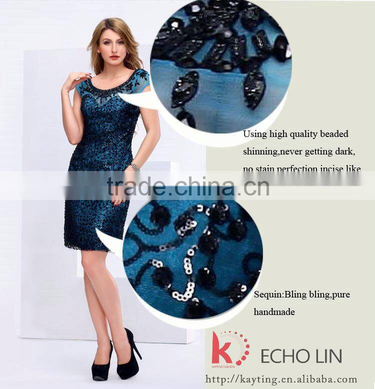 Short sleeve chiffon blue short cocktail dress with sequins vintage short evening dresses