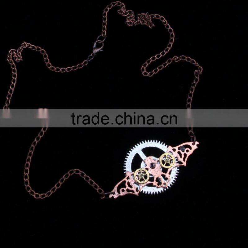 New design steampunk gear bat pendant statement necklace 2015 yiwu fashion imitation jewelry hot sale