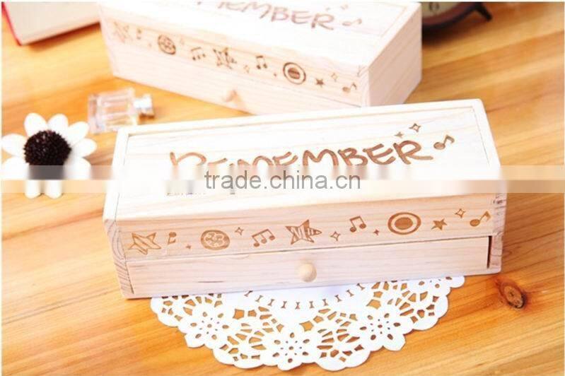 Cute Vintage Wooden Boxes Stationery Bag Double Drawer School Pen/Wooden DIY pencil box with small blackboard and drawer