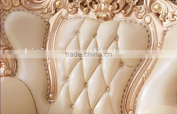 New design luxury solid wood gold painting genuine leather living room sofa set