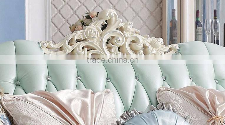 Neoclassic solid wood living room furniture fresh light blue color leather sofa set