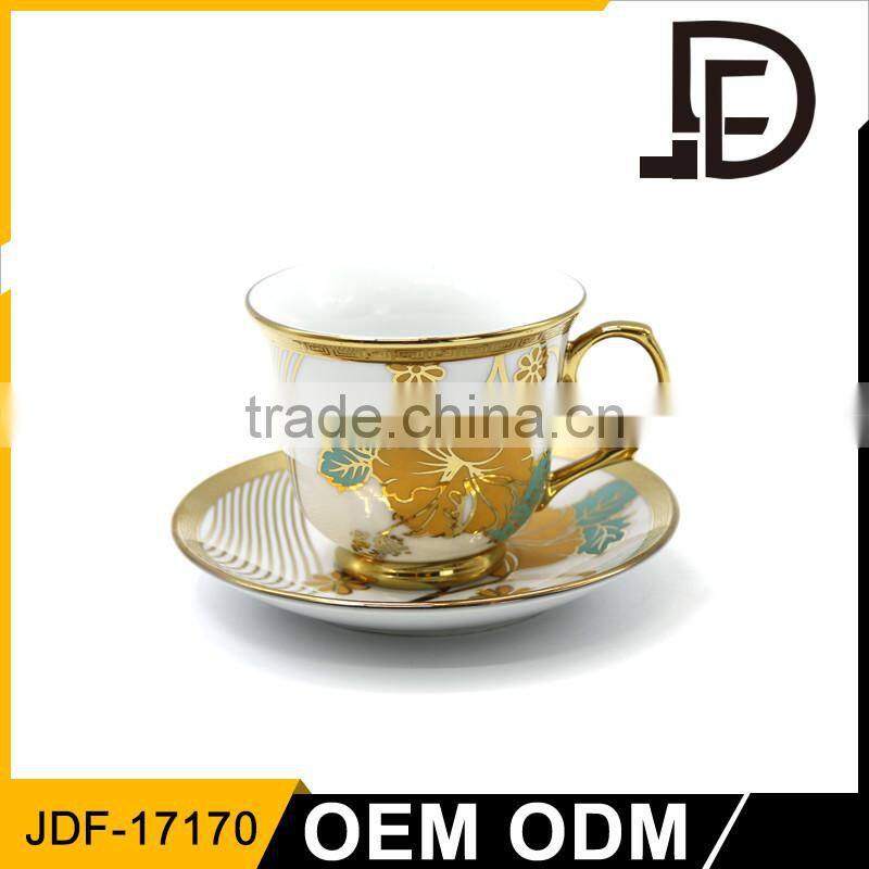 Janpanese style flower cup and yellow saucers for tea coffee with golden lace