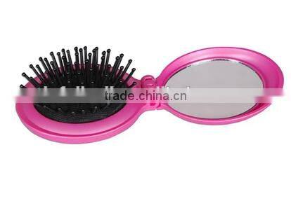 High quality round plastic foldable pocket compact decorative mirror with hair brush