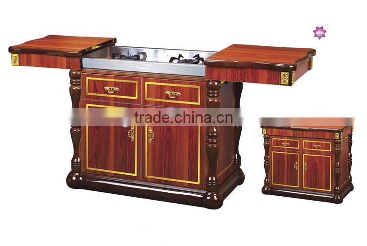 Luxury kitchen wooden flambe trolley cooking cart with 2 gas for hotel & restaurant