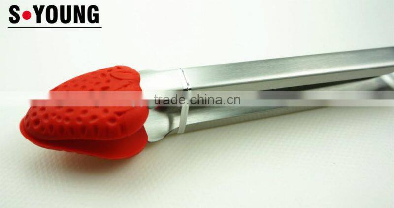 14031 Stawberry Shape Silicone Kitchen and Barbecue Grill Tongs Cooking Stainless Steel Handle Food Tong