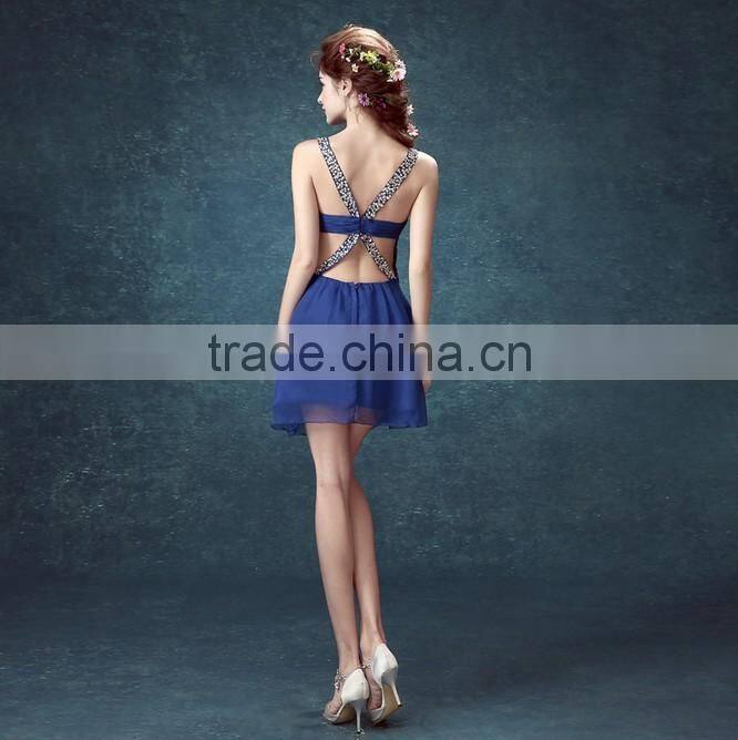sexy criss cross strap chiffon casual navy blue evening dress