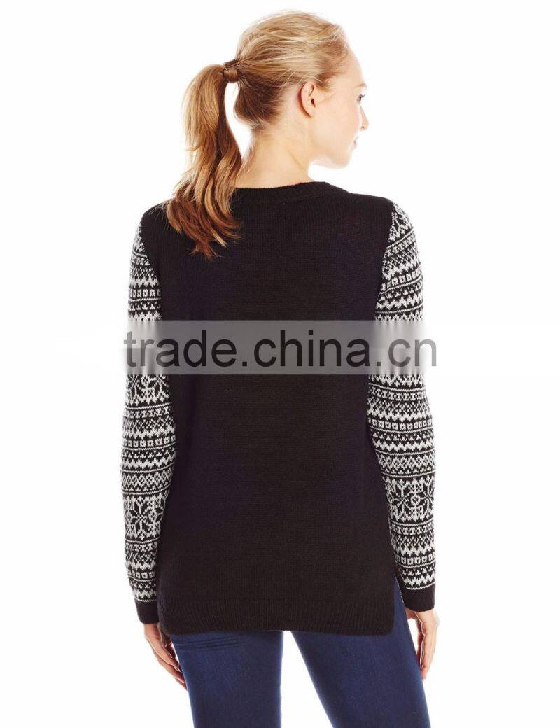 Women Black Sweater Jacquard Santa Reindeer Pattern Christmas Sweater Patterns