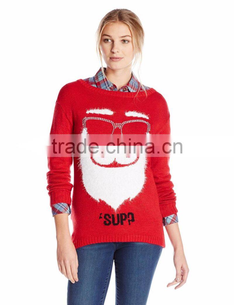 Women Red Sweater fuzzy Beard Santa Claus Pattern Christmas Jumpers