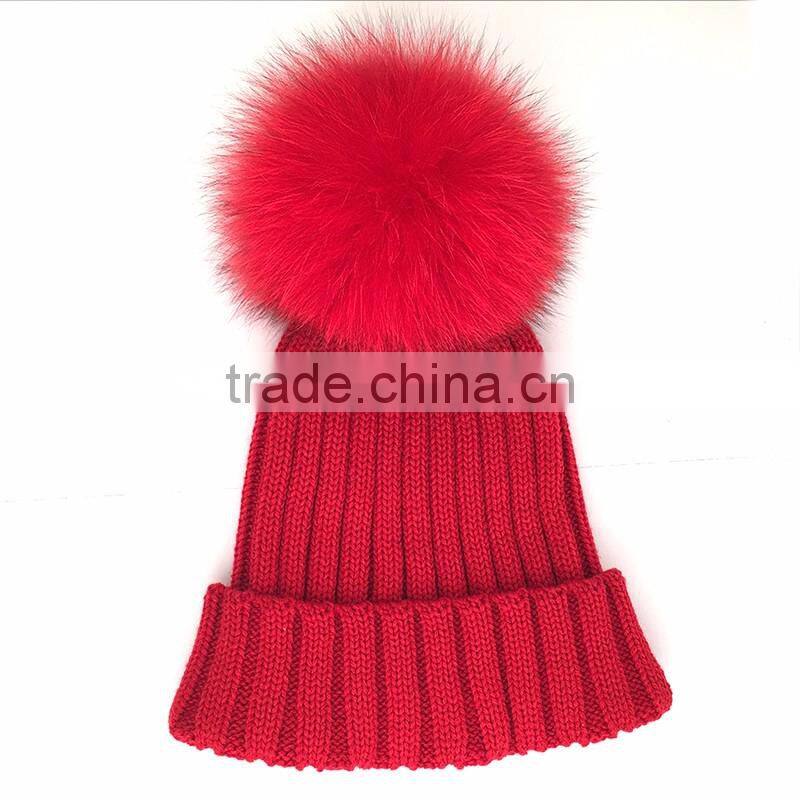 Myfur Teen Girls Winter Wool Hats With Large Real Fox Fur Pom Poms