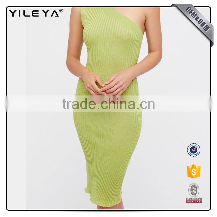 Yileya manufacturer full services offer light knit green bodycon midi one shoulder dress
