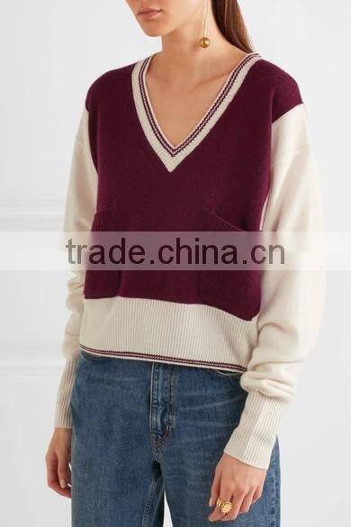 V-Neck Burgandy and Ivory Color Combination Women's Cashmere Sweater in Raglan Sleeves Design