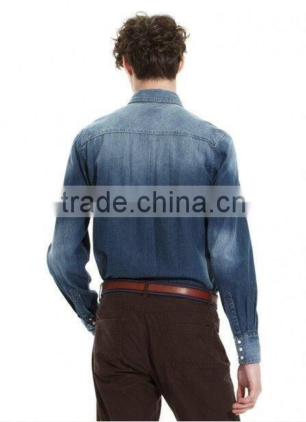 100% cotton dark blue washed cowboy long sleeve casual shirts for men with two pockets