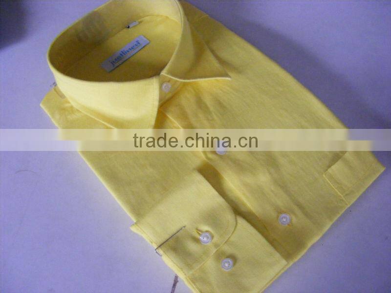 men's yellow linen shirt with long sleeve and one chest pocket